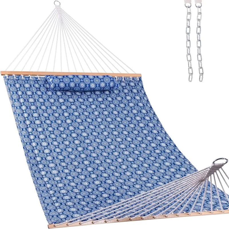 12 FT Double Quilted Fabric Hammock with Spreader Bars - 450 lbs Capacity for Backyard & Patio