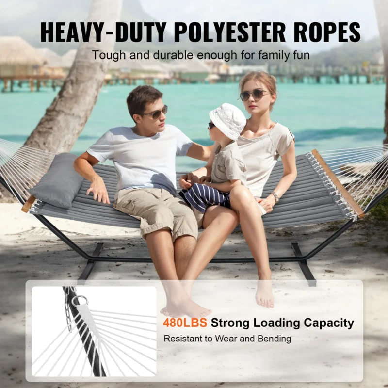 Double 480lb Hammock with 12ft Steel Stand & Pillow - Heavy-Duty for Patio & Yard - Image 3