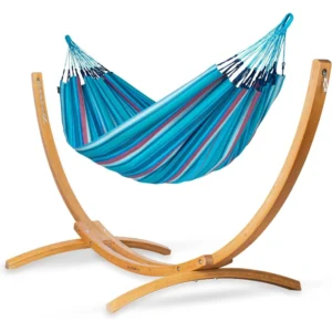 Double Olefin Hammock with Larch Wood Stand - 350 lbs Capacity for Backyard Relaxation