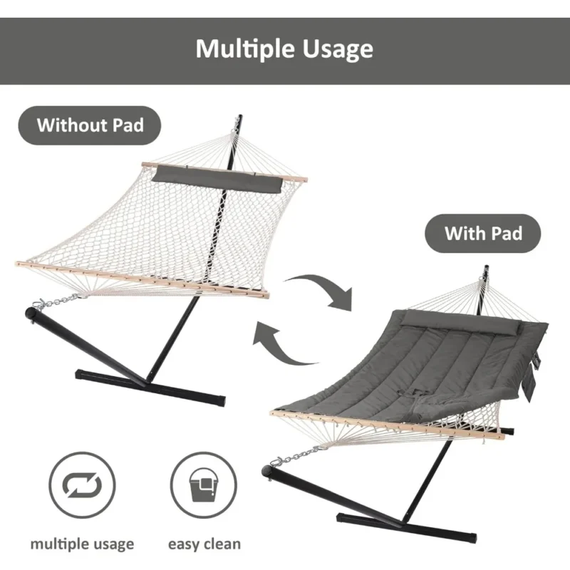 Double Cotton Rope Hammock with Steel Stand - 450 lbs Capacity for Backyard & Patio - Image 4