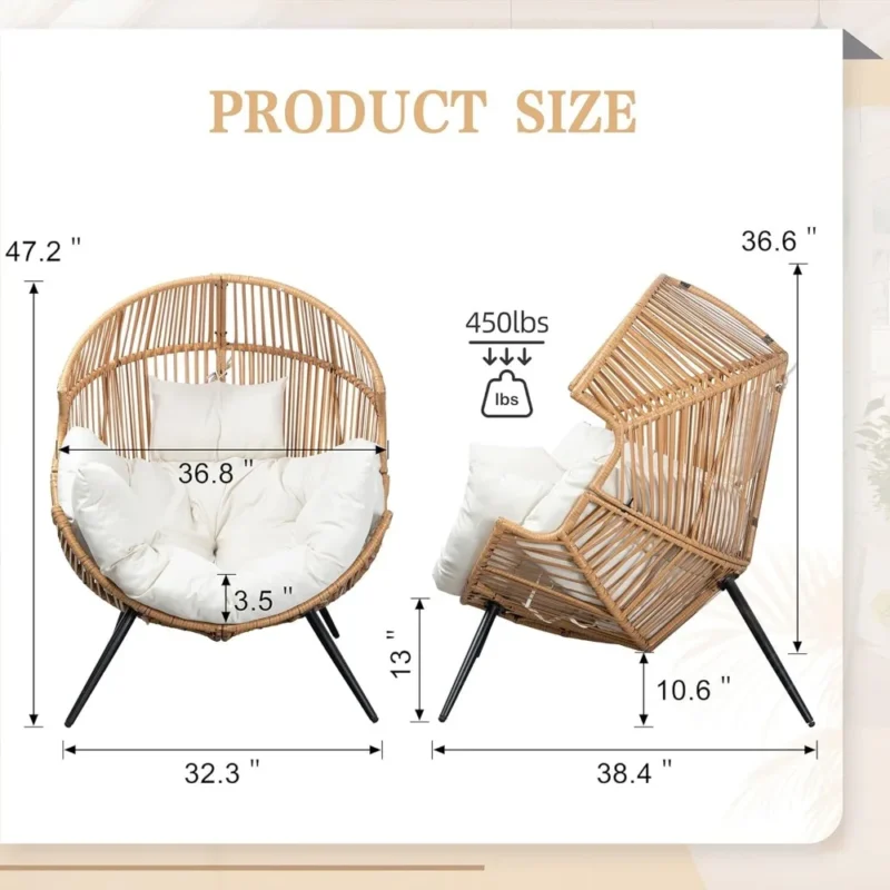 Oversized PE Rattan Egg Chair with Cotton Cushion - 300 lbs Capacity for Indoor & Outdoor - Image 6