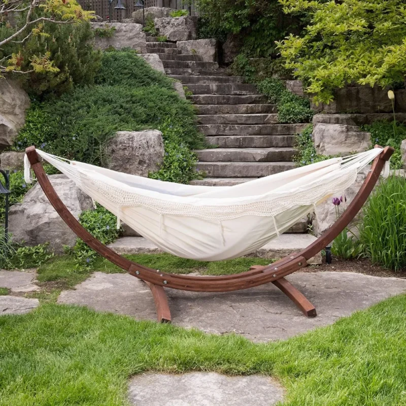 Double Cotton Hammock with Pine Arc Stand - 450 lbs Capacity for Backyard & Patio - Image 5