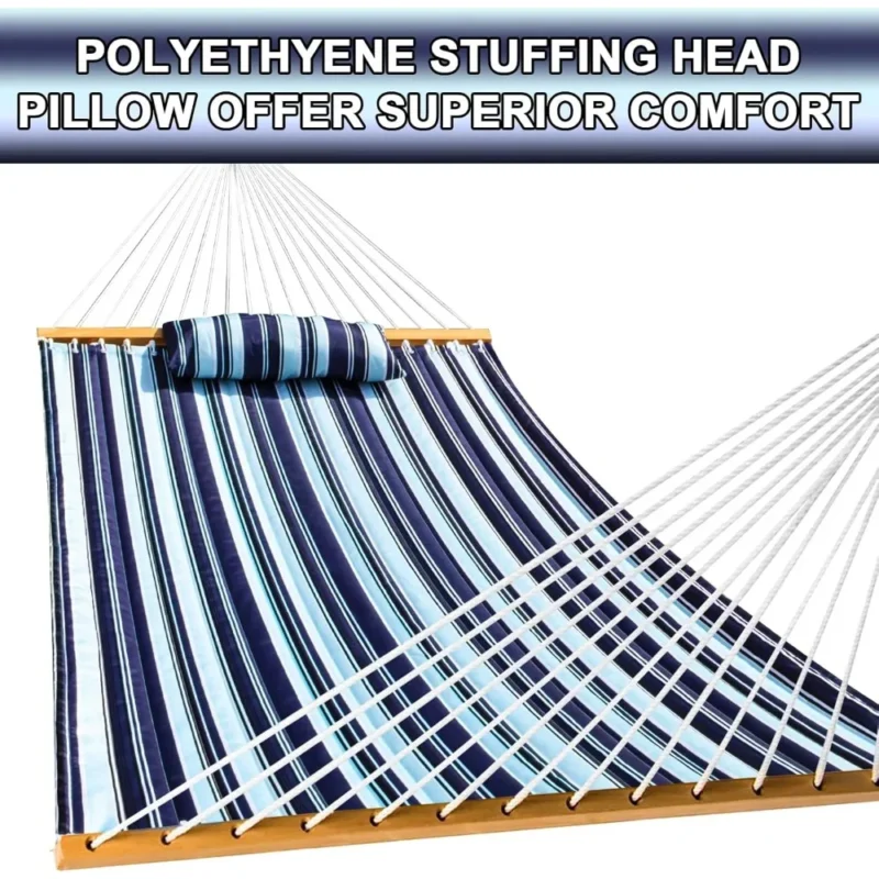 Two Person Quilted Fabric Hammock with Spreader Bars and Pillow - 450 lbs Capacity for Patio & Backyard - Image 4