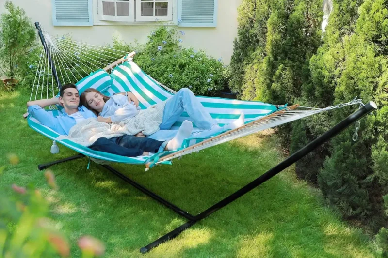 Double Cotton Rope Hammock with Stand - 450 lbs Capacity for Backyard & Patio - Image 7