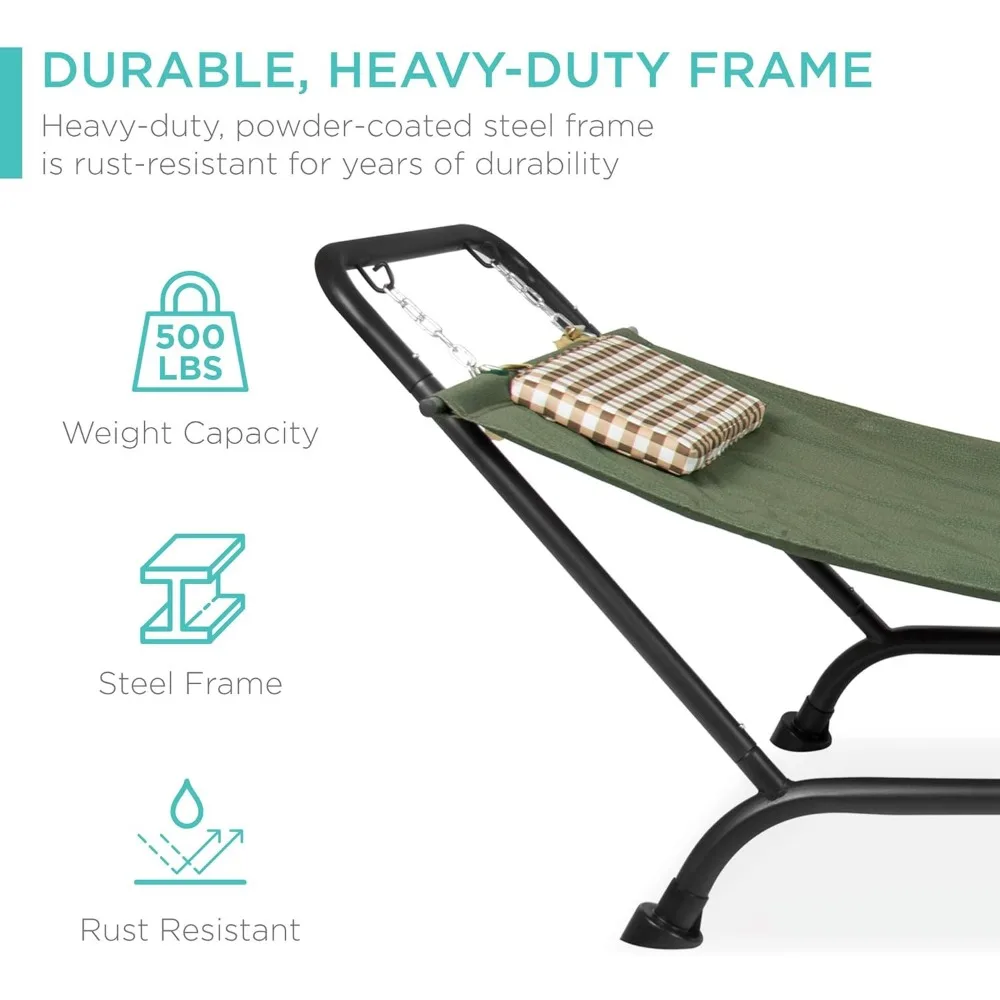 Heavy-duty polyester fabric hammock with weather-resistant steel stand