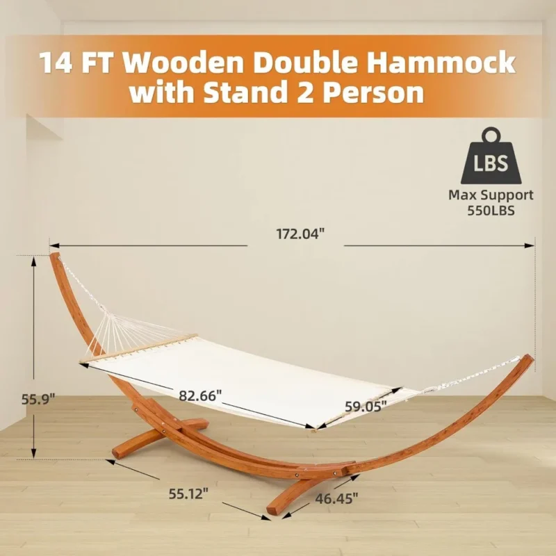 14-Foot Double Wooden Hammock with Stand - 550 lbs Capacity for Backyard Relaxation - Image 5