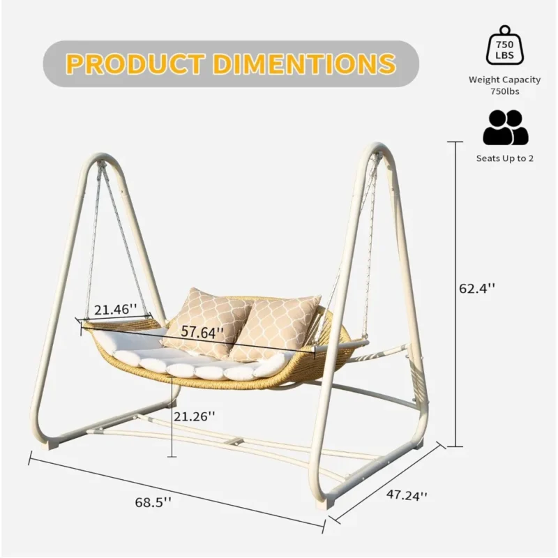 2-Seat Rattan Porch Swing with Thickened Cushions - 750 lbs Capacity for Patio & Garden - Image 3