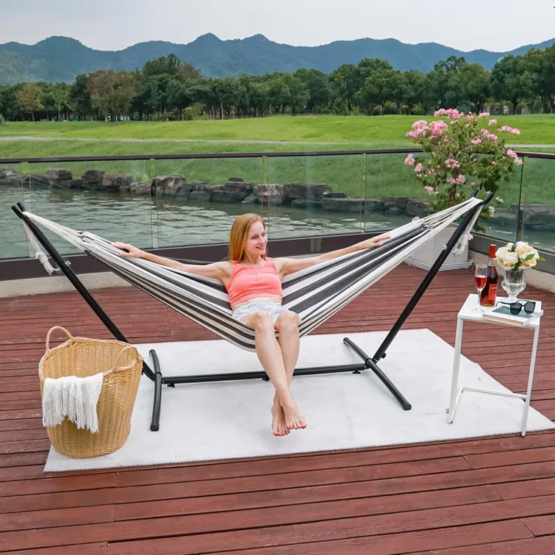 Double Cotton Fabric Hammock with Steel Stand - 450 lbs Capacity for Backyard & Patio - Image 2