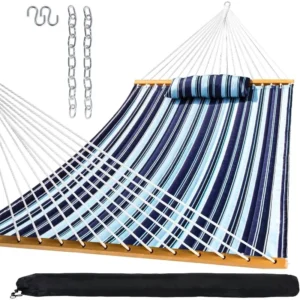 Double Quilted Fabric Hammock with Spreader Bars & Pillow - 450 lbs Capacity for Backyard & Patio