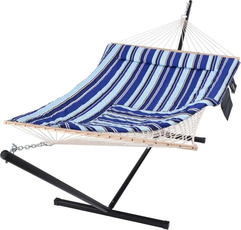 Double Cotton Rope Hammock with Steel Stand - 475 lbs Capacity for Backyard & Patio - Image 2