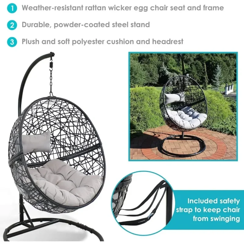 Resin Wicker Hanging Egg Chair with Steel Stand - 265 lbs Capacity for Indoor & Outdoor - Image 3