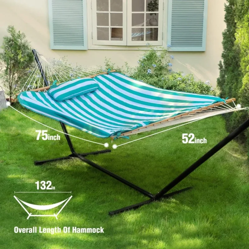 Double Cotton Rope Hammock with Stand - 450 lbs Capacity for Backyard & Patio - Image 3