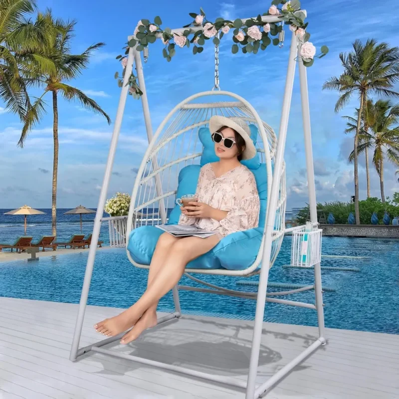 Rattan Egg Swing Chair with Stand & Cushion - 330 lbs Capacity for Patio & Garden - Image 3