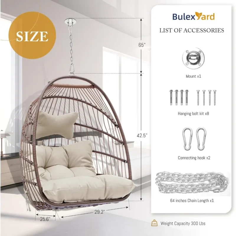 Hanging Egg Chair with UV Resistant PE Rattan - 330 lbs Capacity for Indoor & Outdoor Use - Image 5