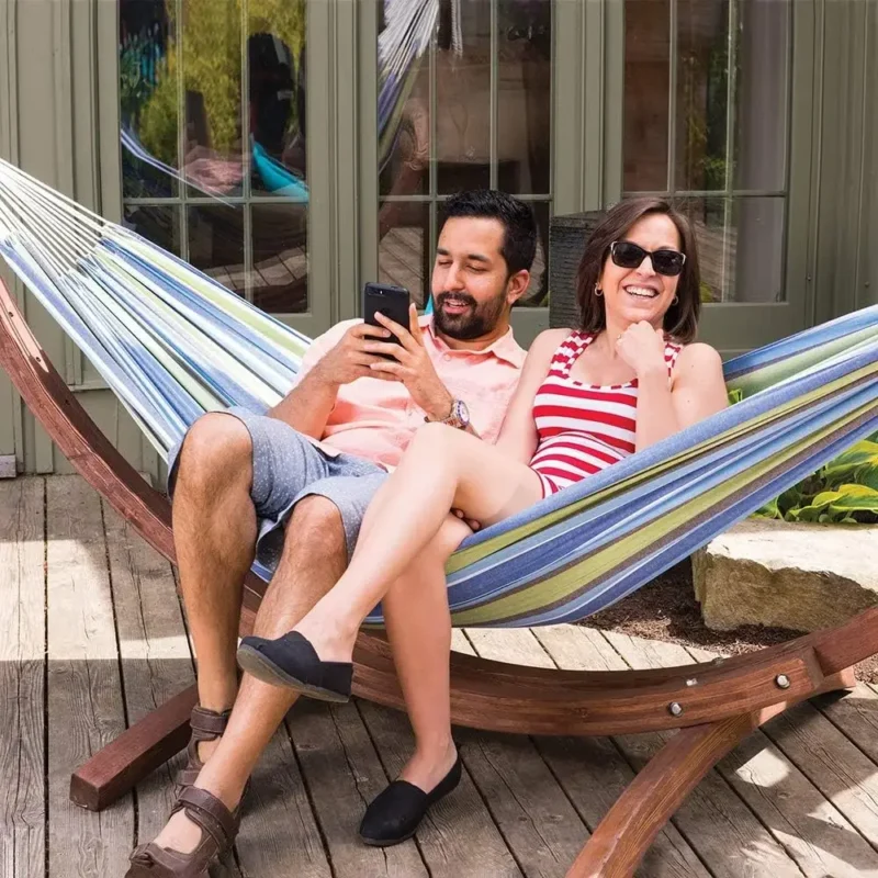 Double Cotton Hammock with Pine Arc Stand - 450 lbs Capacity for Backyard Relaxation - Image 5