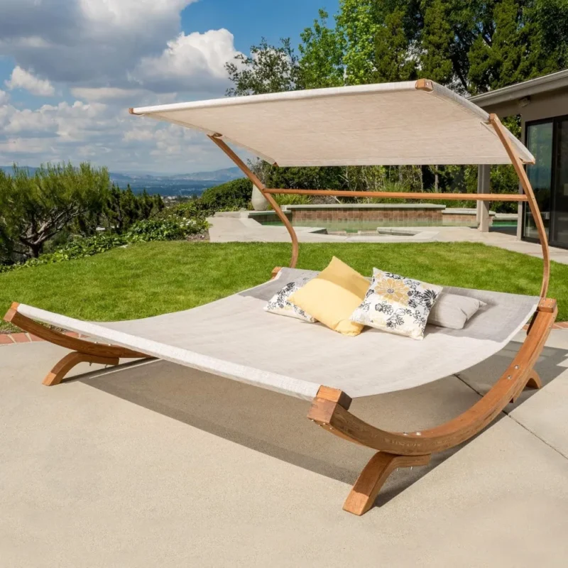Teak Outdoor Daybed Hammock with Adjustable Canopy - 300 lbs Capacity for Patio & Yard
