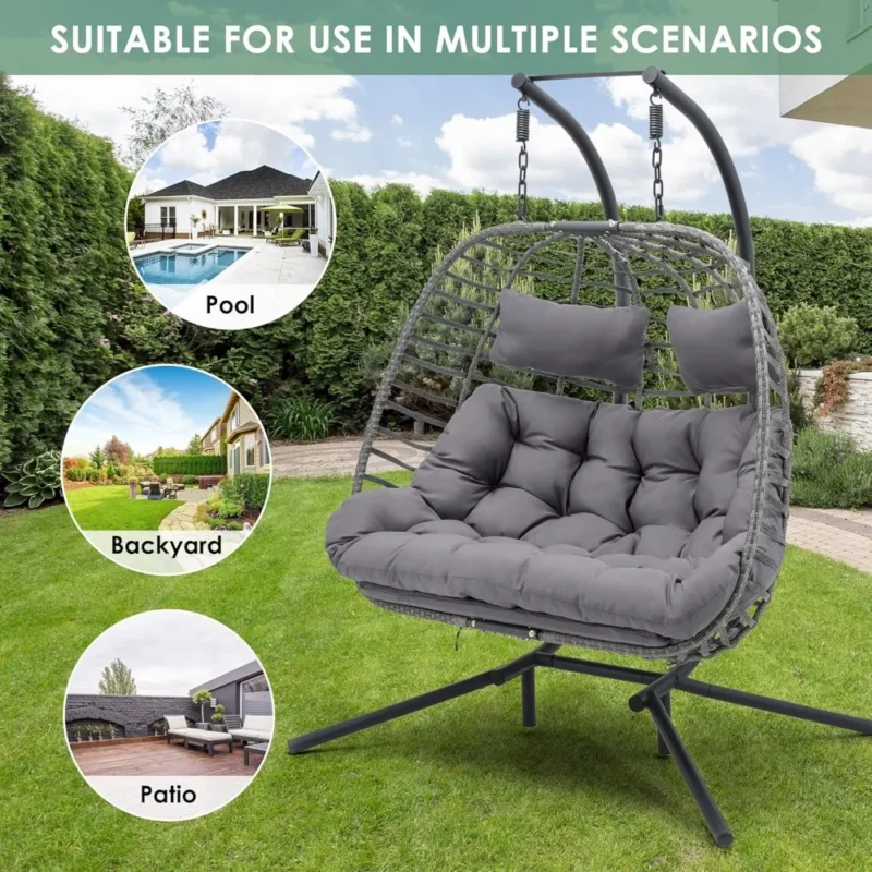 Double Rattan Egg Chair with Steel Stand - 500 lbs Capacity for Patio & Outdoor - Image 5