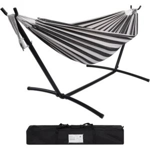Double Cotton Fabric Hammock with Steel Stand - 450 lbs Capacity for Backyard & Patio