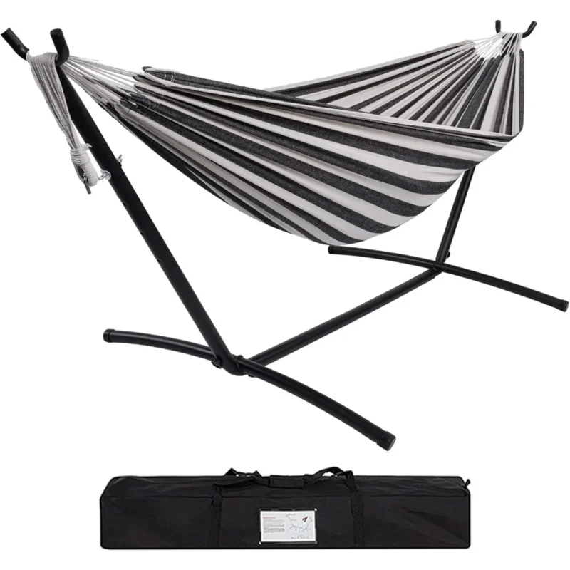 Double Cotton Fabric Hammock with Steel Stand - 450 lbs Capacity for Backyard & Patio
