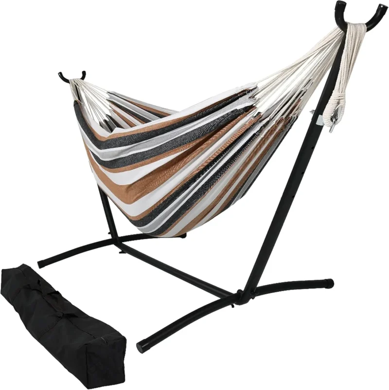 Double Cotton Hammock with Space-Saving Stand - 400 lbs Capacity for Patio & Backyard - Image 11