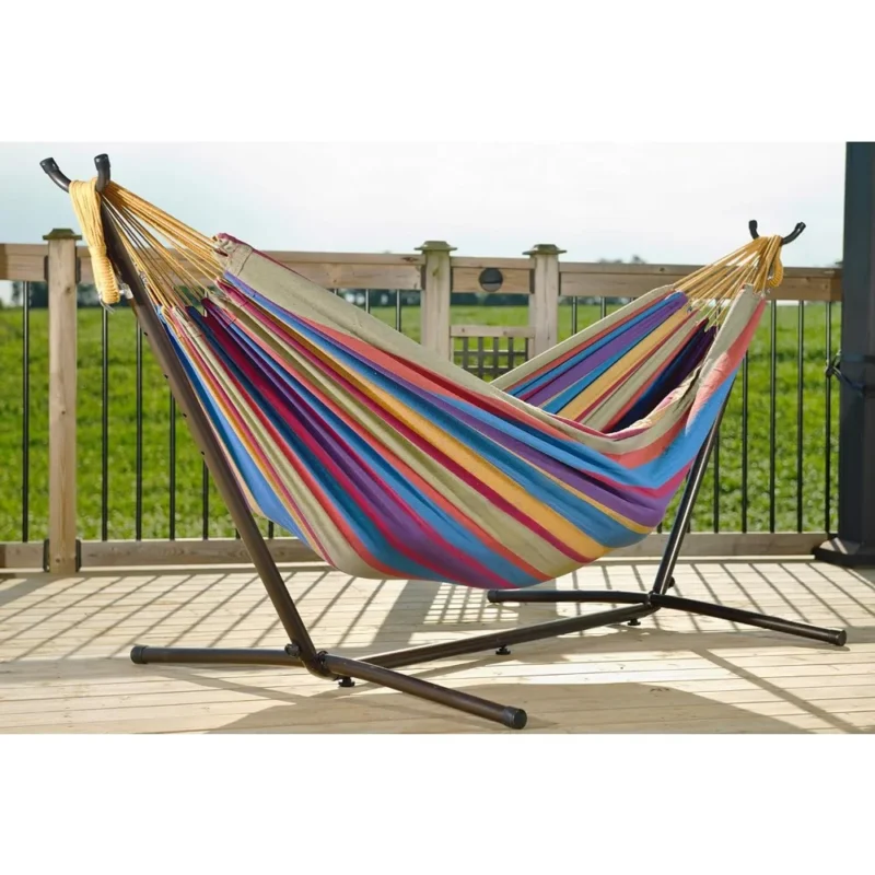 Double Cotton Hammock with Space-Saving Steel Stand - 450 lbs Capacity for Backyard & Patio - Image 2