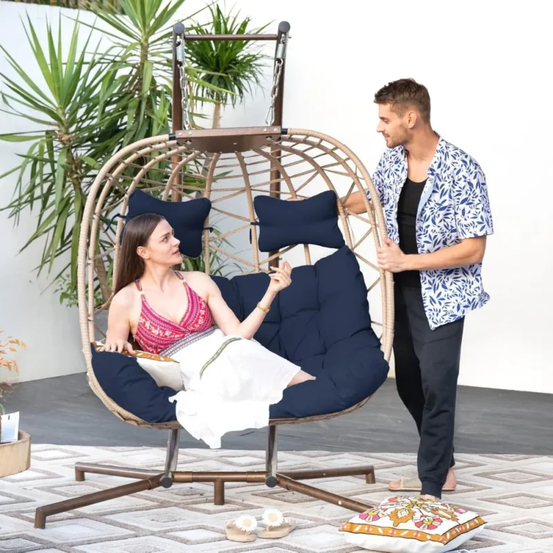Double Egg Chair with Steel Stand - 238 lbs Capacity for Patio & Garden - Image 2