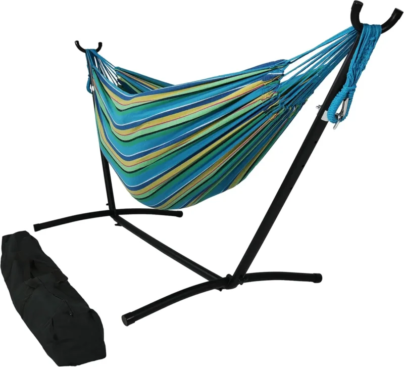 Double Cotton Hammock with Space-Saving Stand - 400 lbs Capacity for Patio & Backyard - Image 9