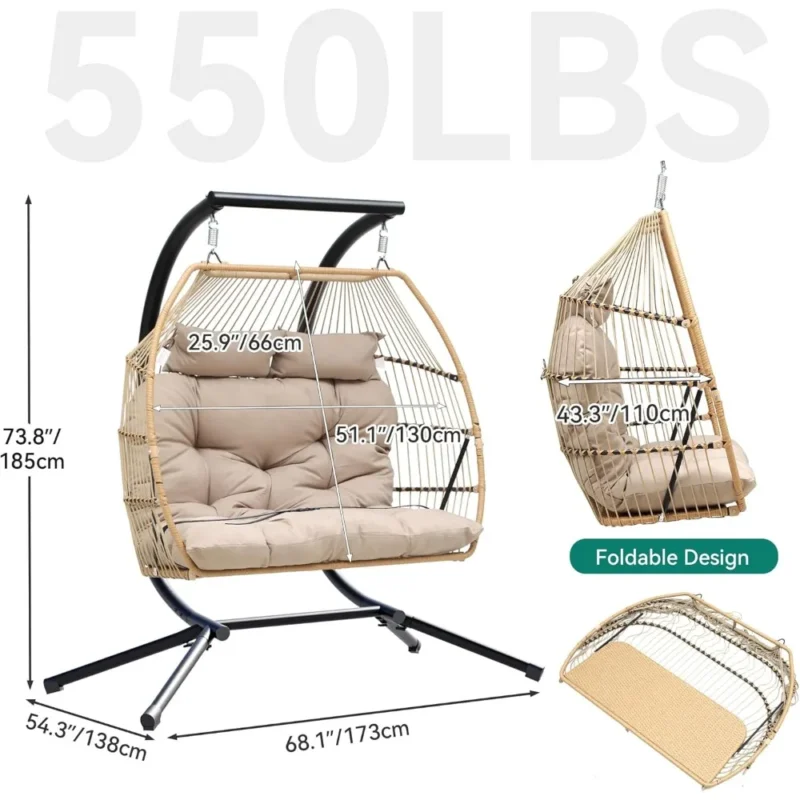 Double Wicker Hanging Egg Chair with Stand - 550 lbs Capacity for Patio & Bedroom - Image 2