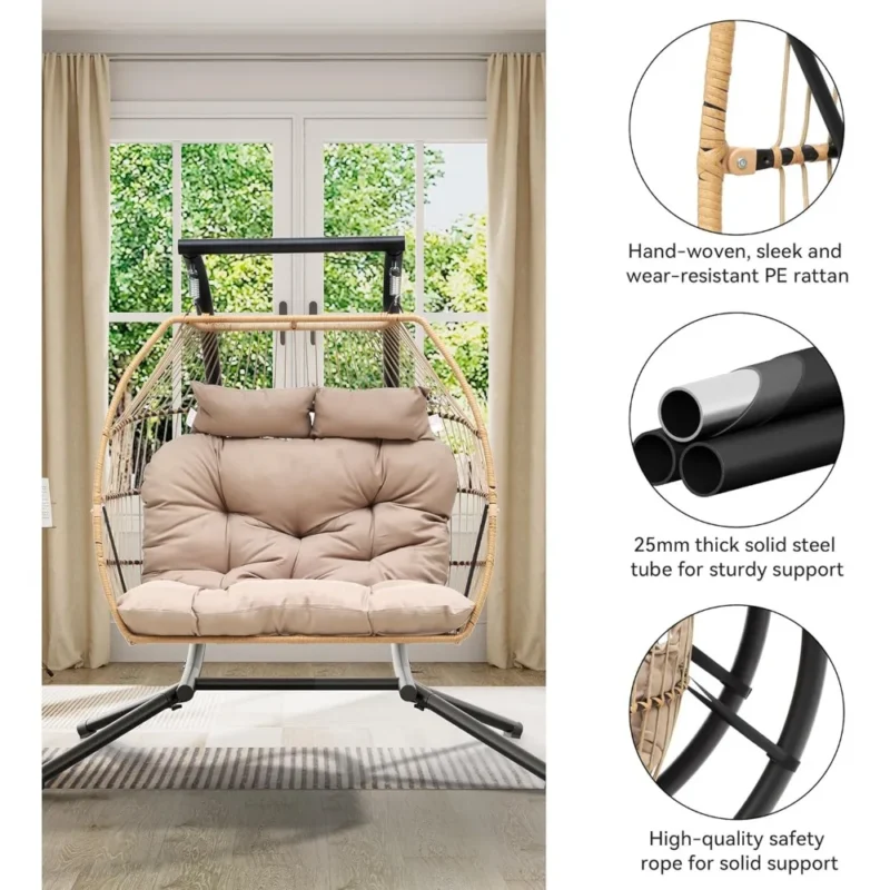 Double Wicker Hanging Egg Chair with Stand - 550 lbs Capacity for Patio & Bedroom - Image 4