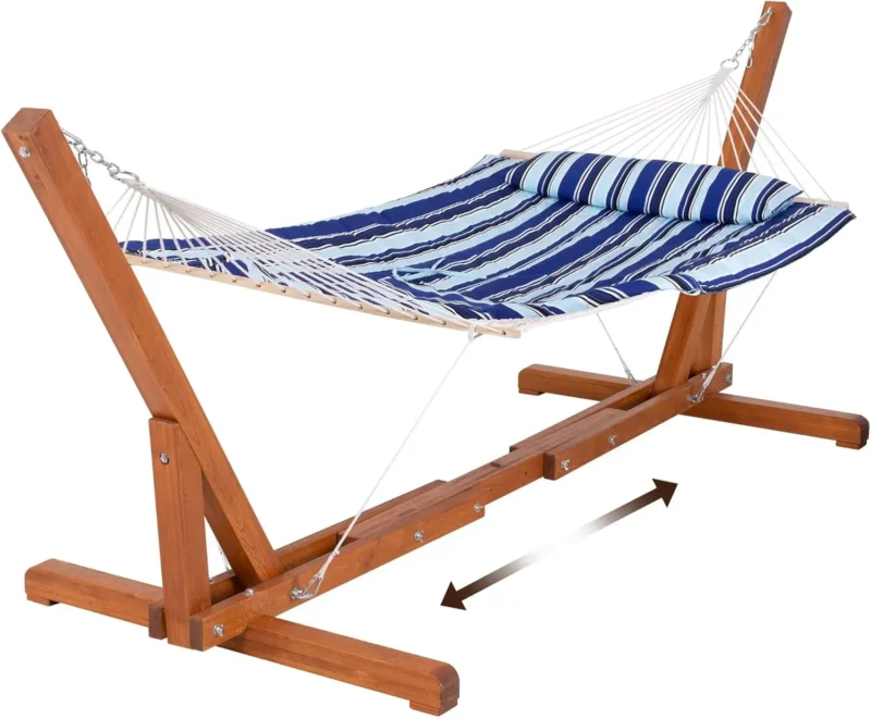 Double Wood & Textilene Hammock with Steel Stand - 475 lbs Capacity for Backyard & Patio - Image 11
