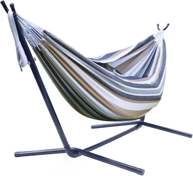 Double Cotton Blend Hammock with Steel Stand - 450 lbs Capacity for Indoor & Outdoor Use - Image 9