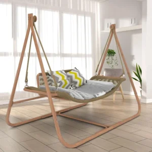 Indoor Outdoor Hammock Swing Chair with Wood-Tone Stand - 570 lbs Capacity for Patio & Living Room