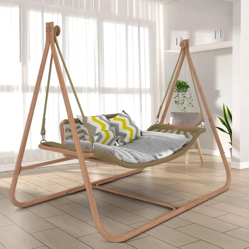 Indoor Outdoor Hammock Swing Chair with Wood-Tone Stand - 570 lbs Capacity for Patio & Living Room
