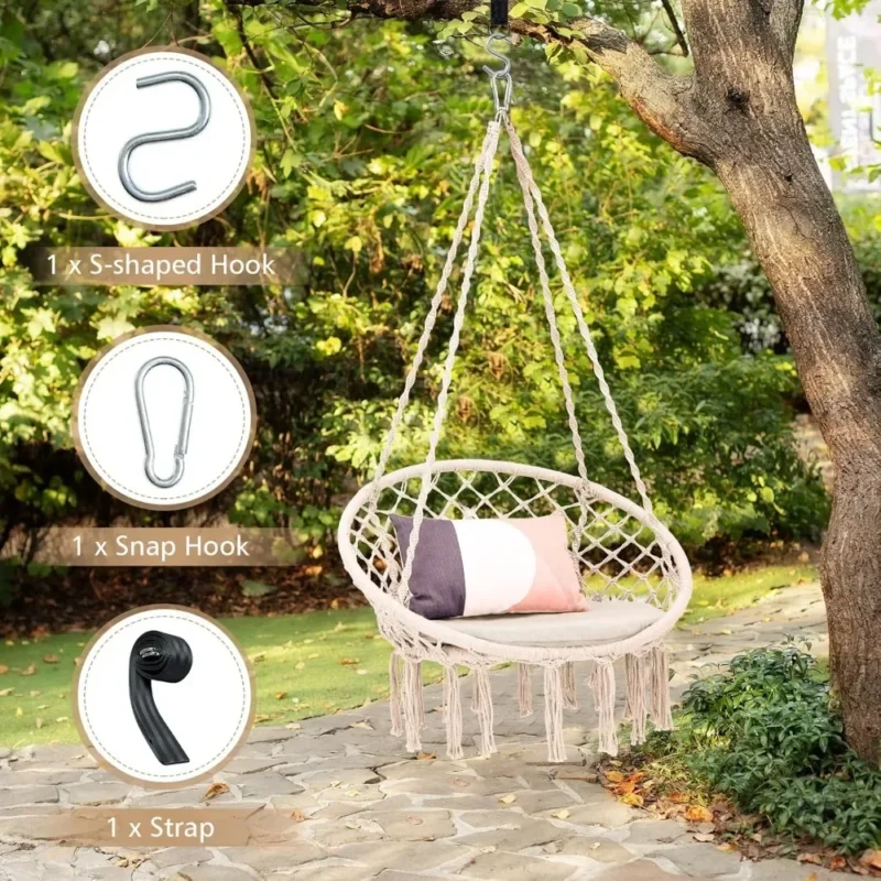 Macrame Hanging Chair with Cushion & Hardware Kit - 330 lbs Capacity for Indoor & Outdoor - Image 3