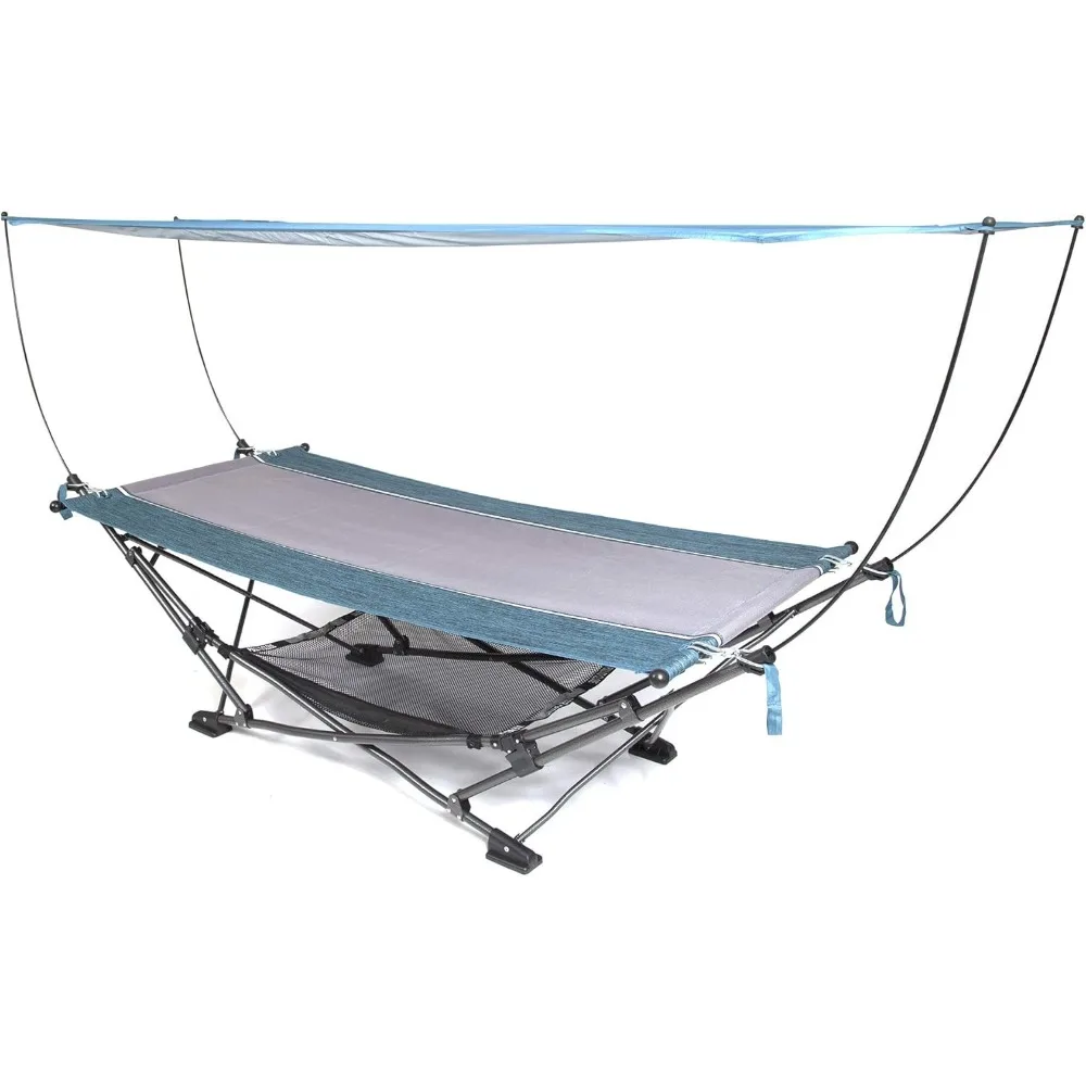 Folding hammock with canopy ideal for comfortable roadside breaks with sun protection