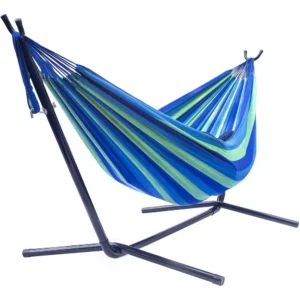 Double Cotton Blend Hammock with Steel Stand - 450 lbs Capacity for Indoor & Outdoor Use