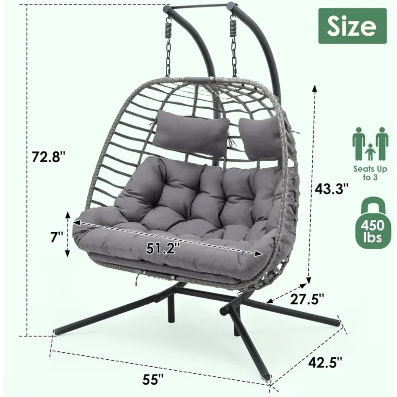 Double Rattan Egg Chair with Steel Stand - 500 lbs Capacity for Patio & Outdoor - Image 6