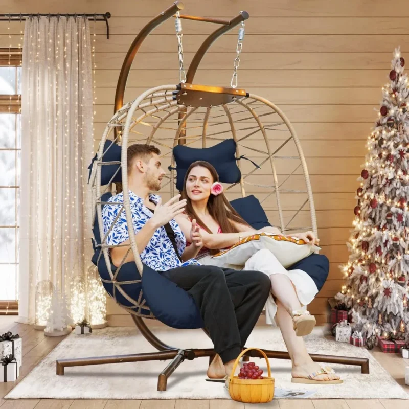 Double Egg Chair with Steel Stand - 238 lbs Capacity for Patio & Garden - Image 3