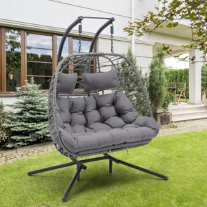 Double Rattan Egg Chair with Steel Stand - 500 lbs Capacity for Patio & Outdoor