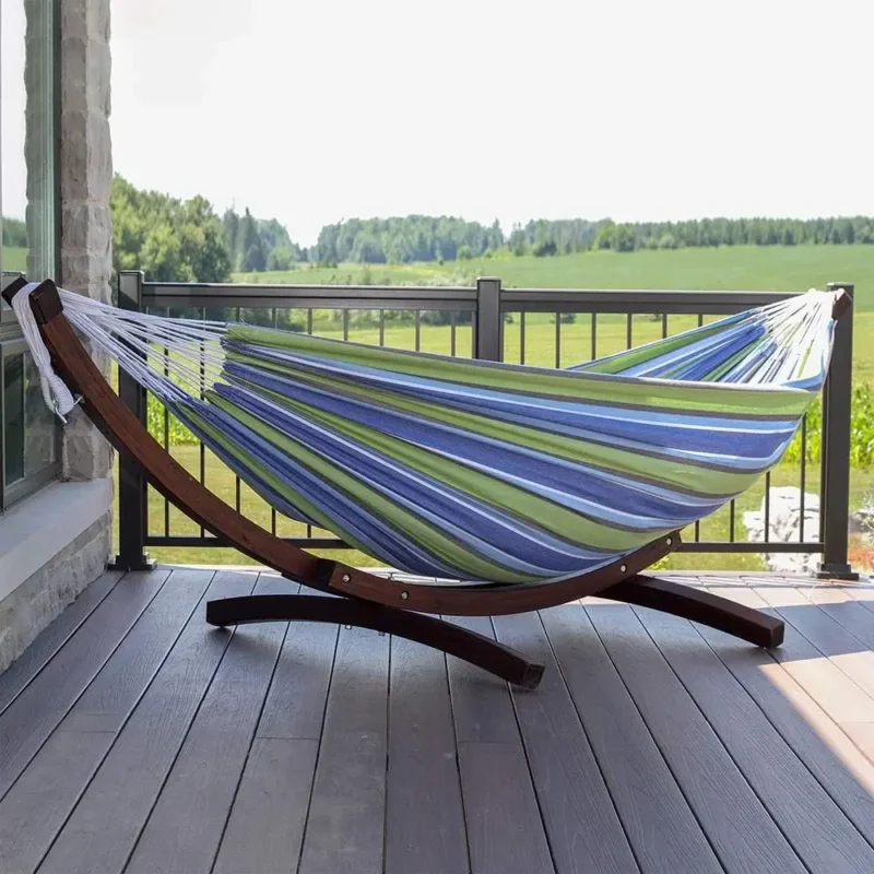 Double Cotton Hammock with Pine Arc Stand - 450 lbs Capacity for Backyard Relaxation - Image 4