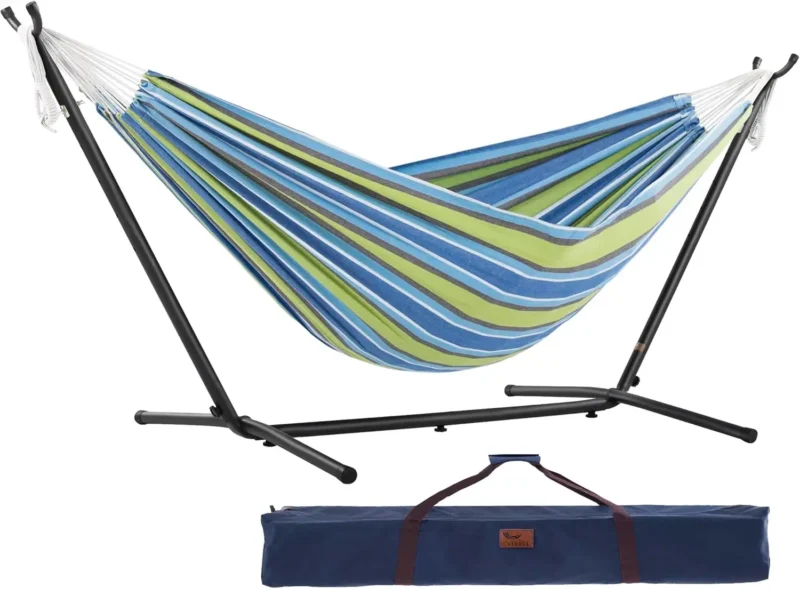 Double Cotton Fabric Hammock with Space-Saving Steel Stand - 450 lbs Capacity for Indoor & Outdoor - Image 17