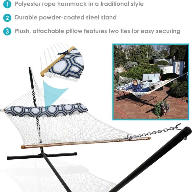 Double Polyester Rope Hammock with Steel Stand - 400 lbs Capacity for Backyard & Patio - Image 4