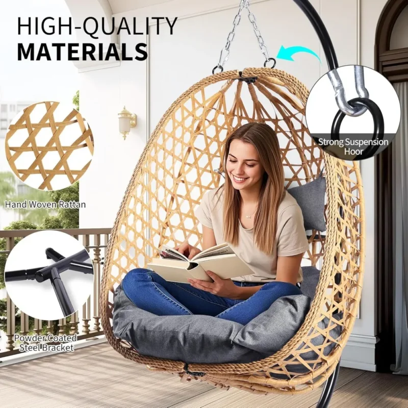 Hanging Egg Chair with All-Weather Wicker - 350 lbs Capacity for Patio & Bedroom - Image 4