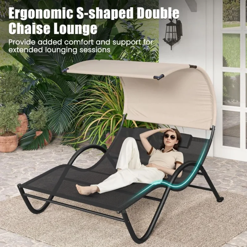 Double Outdoor Chaise Lounge with Canopy - 2-Person Patio Hammock with Detachable Pillows - Image 4