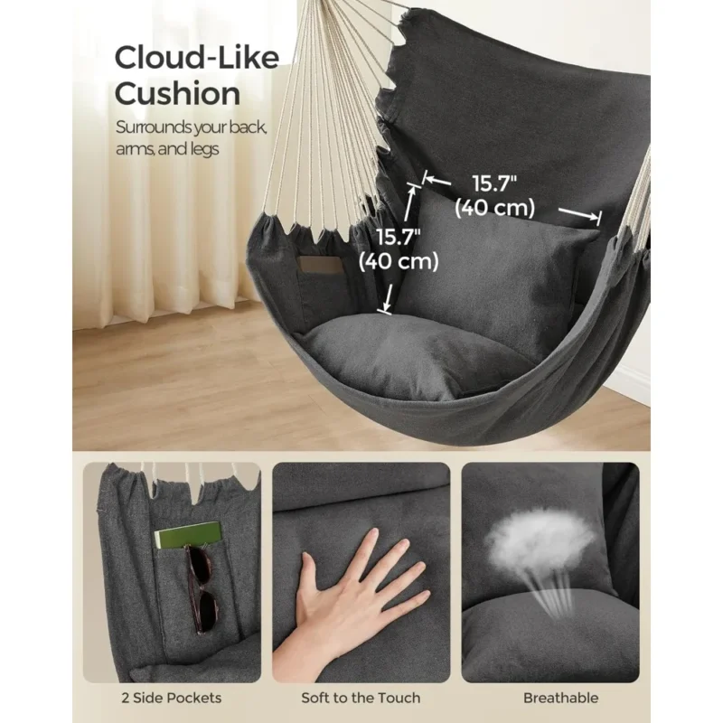 Hanging Hammock Chair with 2 Cushions - 500 lb Capacity for Indoor & Outdoor Relaxation - Image 3