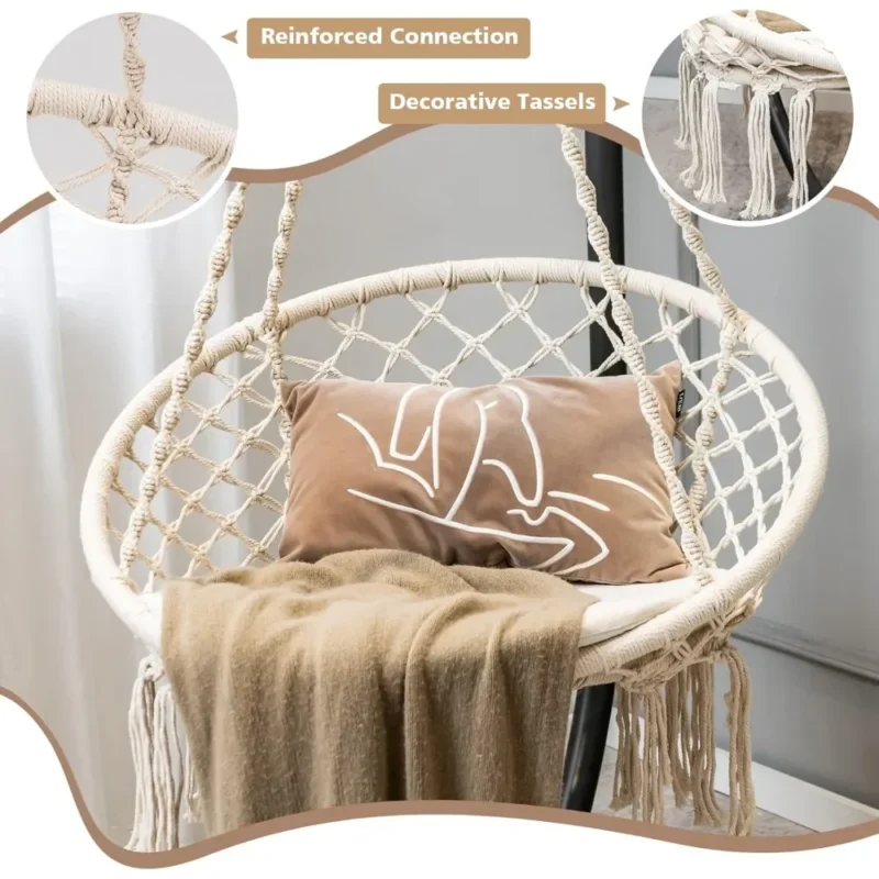 Macrame Hanging Chair with Cushion & Hardware Kit - 330 lbs Capacity for Indoor & Outdoor - Image 6