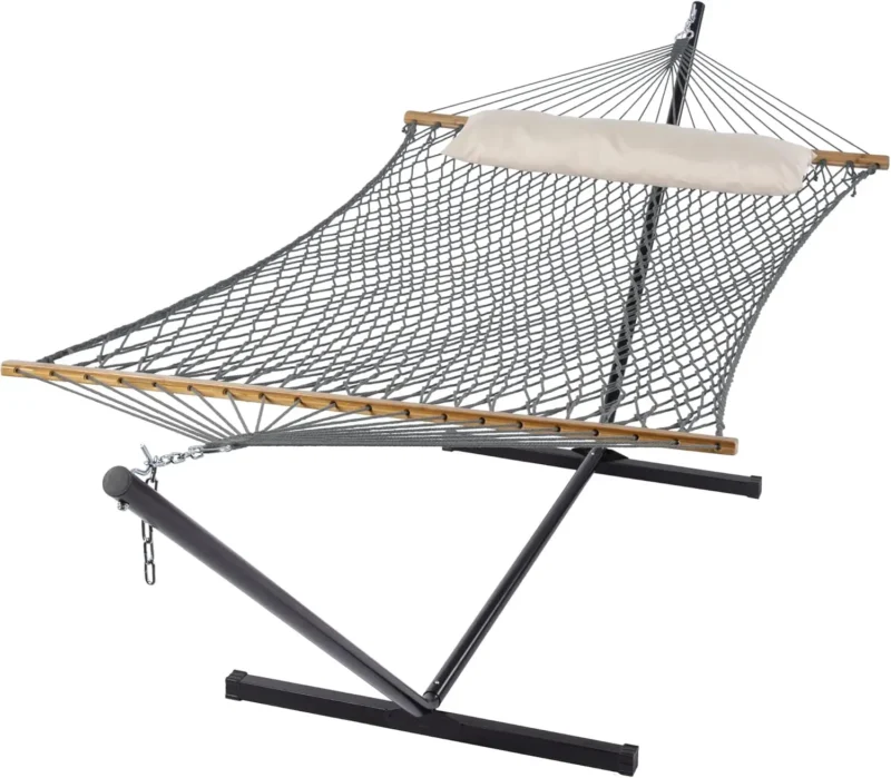 Double Cotton Rope Hammock with Steel Stand - 475 lbs Capacity for Backyard & Patio - Image 11