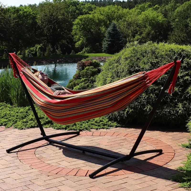 Double Cotton Hammock with Space-Saving Stand - 400 lbs Capacity for Patio & Backyard - Image 4