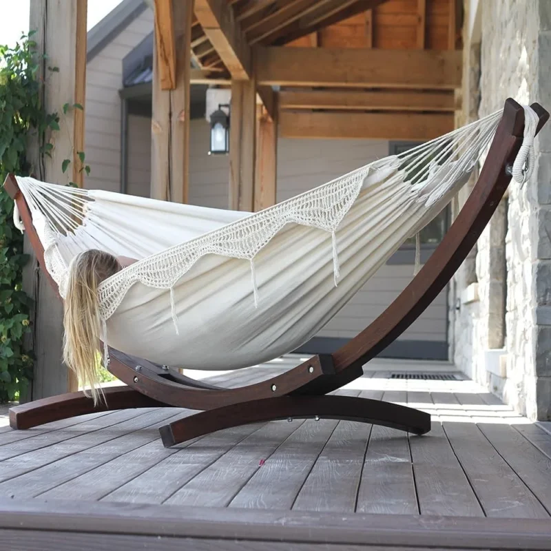 Double Cotton Hammock with Pine Arc Stand - 450 lbs Capacity for Backyard & Patio - Image 4