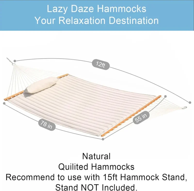 12 FT Double Quilted Hammock with Spreader Bars - 450 lbs Capacity for Backyard & Patio - Image 3